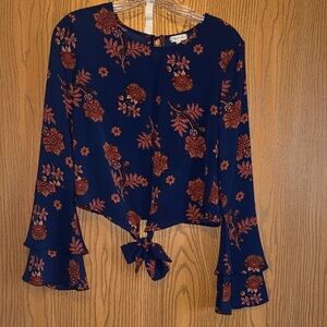 Stylish Navy Floral Blouse with Tie-Front